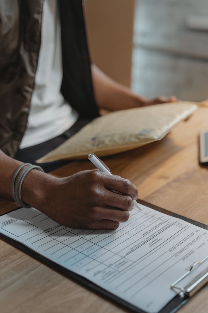 Close-up view of a person writing on a document attached to a clipboard.